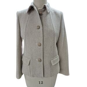 Talbots Petites Wool Blend Coat Chevron Pattern Fully Lined Beige/White Sz 14p